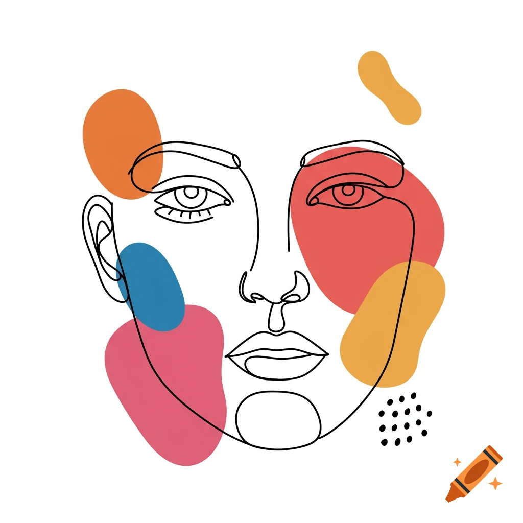 Abstract line art face portrait with colorful shapes.