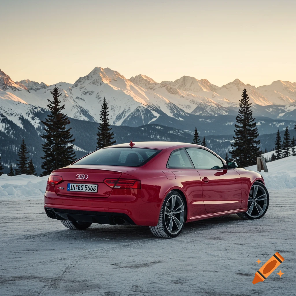 Red Audi RS5 coupe parked in a snowy mountain landscape.