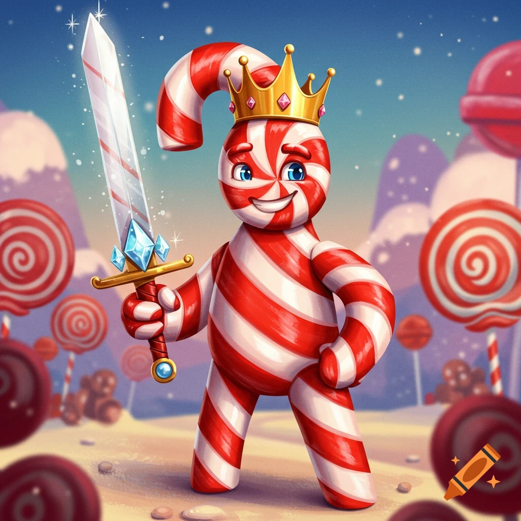 A candy cane character wearing a gold crown and holding a glowing sword stands in a colorful candy land.