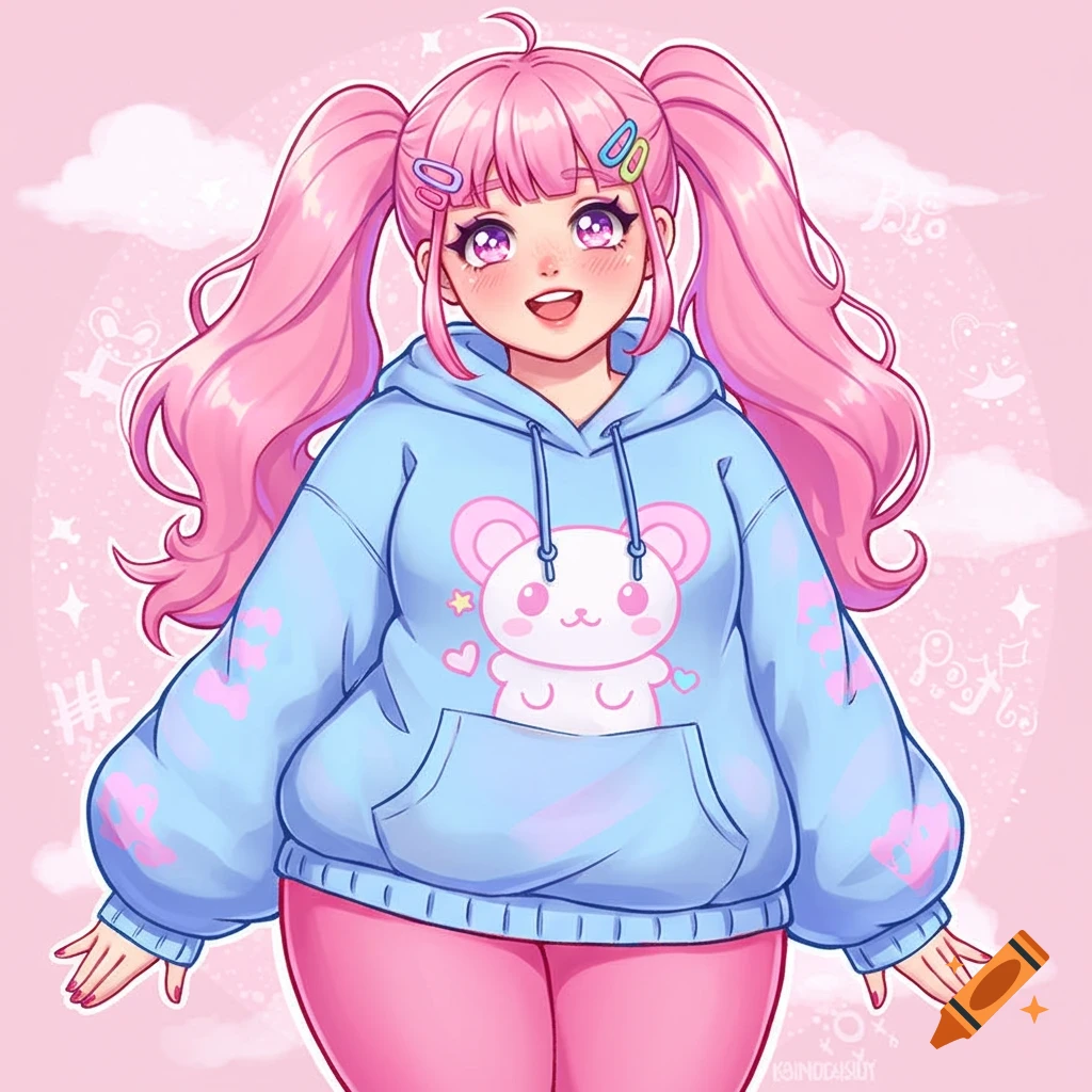 Anime girl with pink pigtails wearing a blue bear hoodie against a pink sky background.