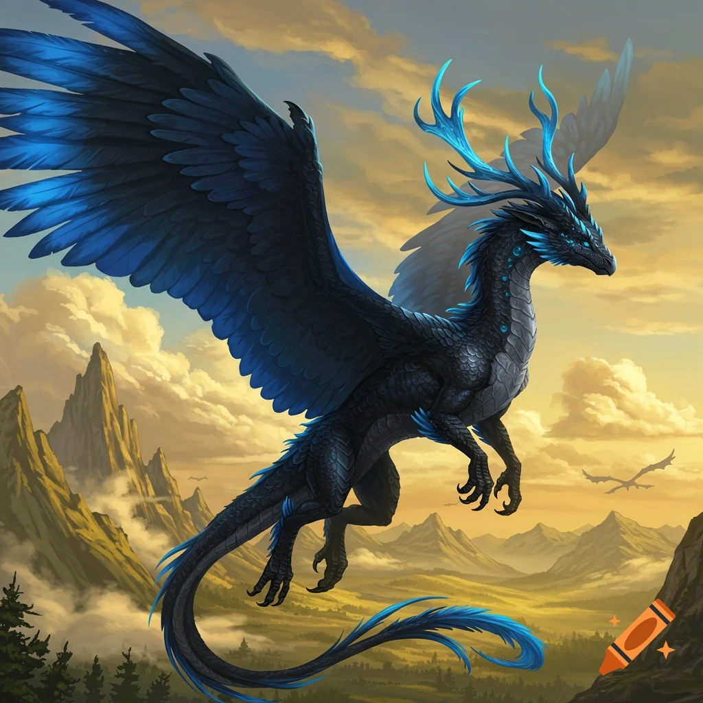 A black dragon with blue feathered wings and antlers flies over mountains at sunset