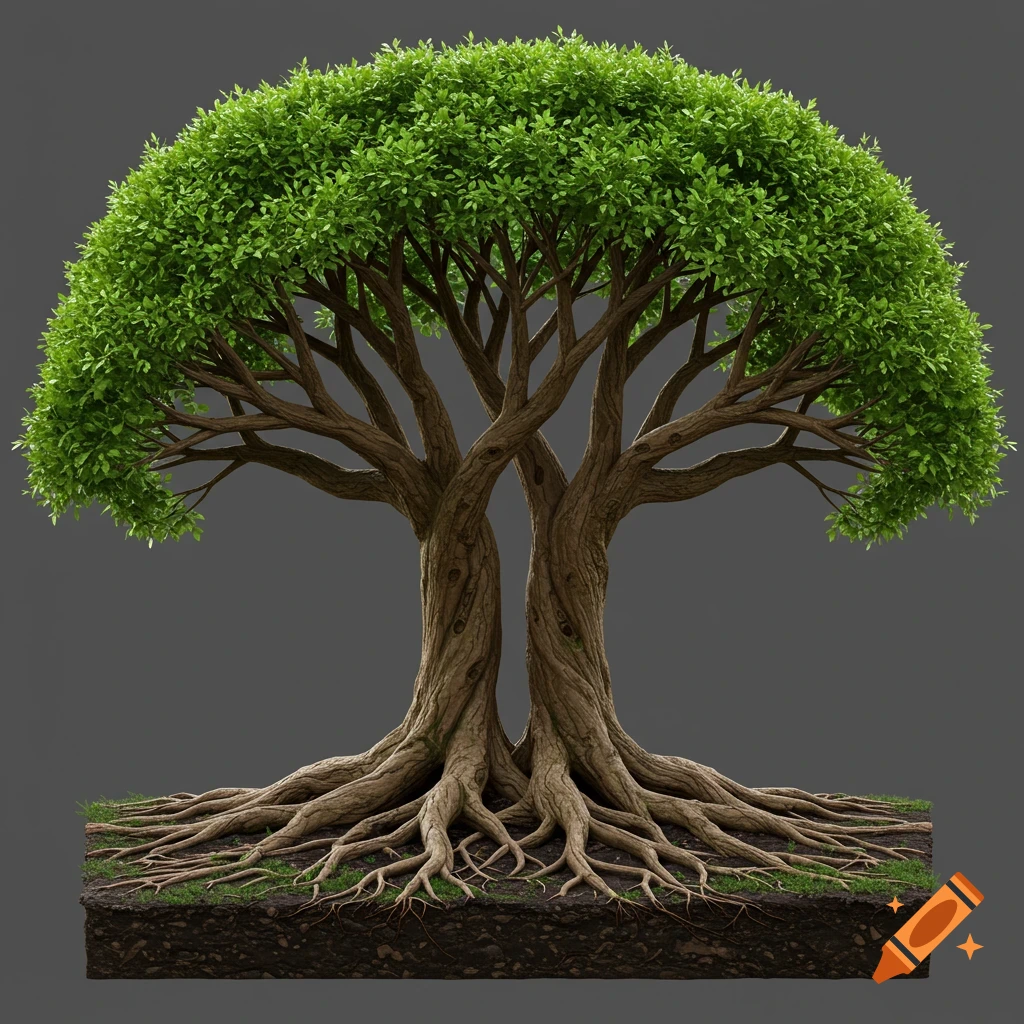 A large tree with intertwined trunks and extensive exposed roots on a square of ground against a grey background.