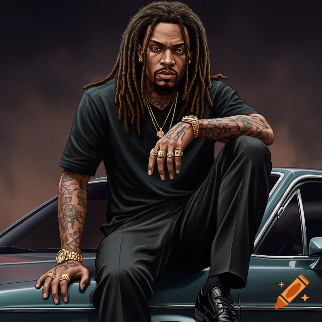 A man with dreadlocks, tattoos, and jewelry sits on a car.