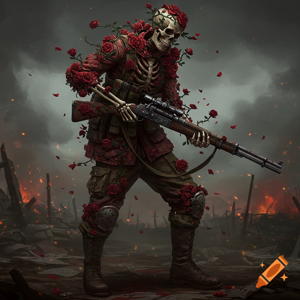 A skeleton covered in roses wearing military gear, holding a rifle in a destroyed battlefield.