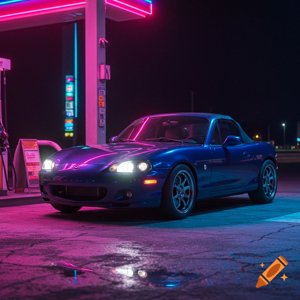 A blue car parked at a neon-lit gas station at night, in an anime style.