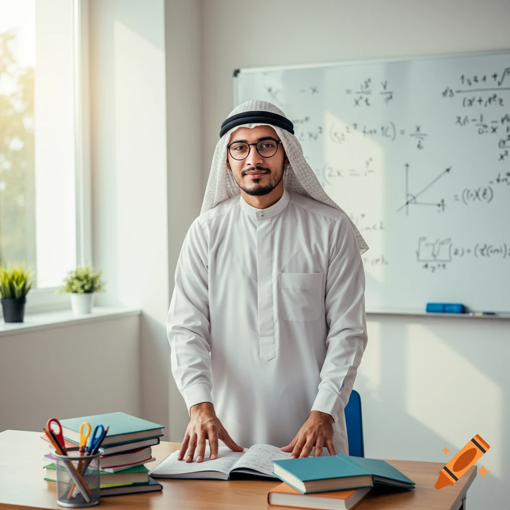 Man in traditional attire stands by desk with books in classroom with math on whiteboard.