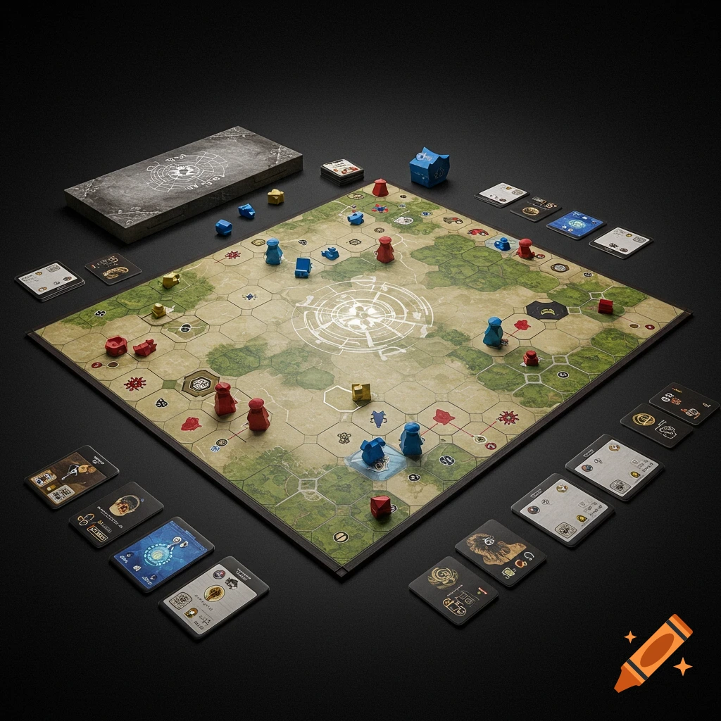 Overhead view of a fantasy-themed board game setup with map, pieces, cards, and box on a dark background.