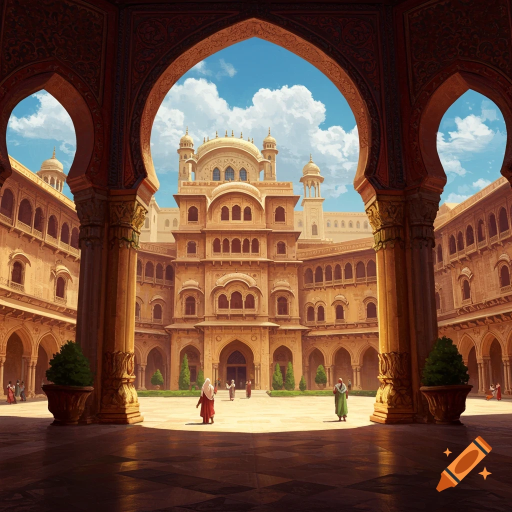 A grand, ornate palace or building with domes and arches, viewed through archways, with people in the courtyard.