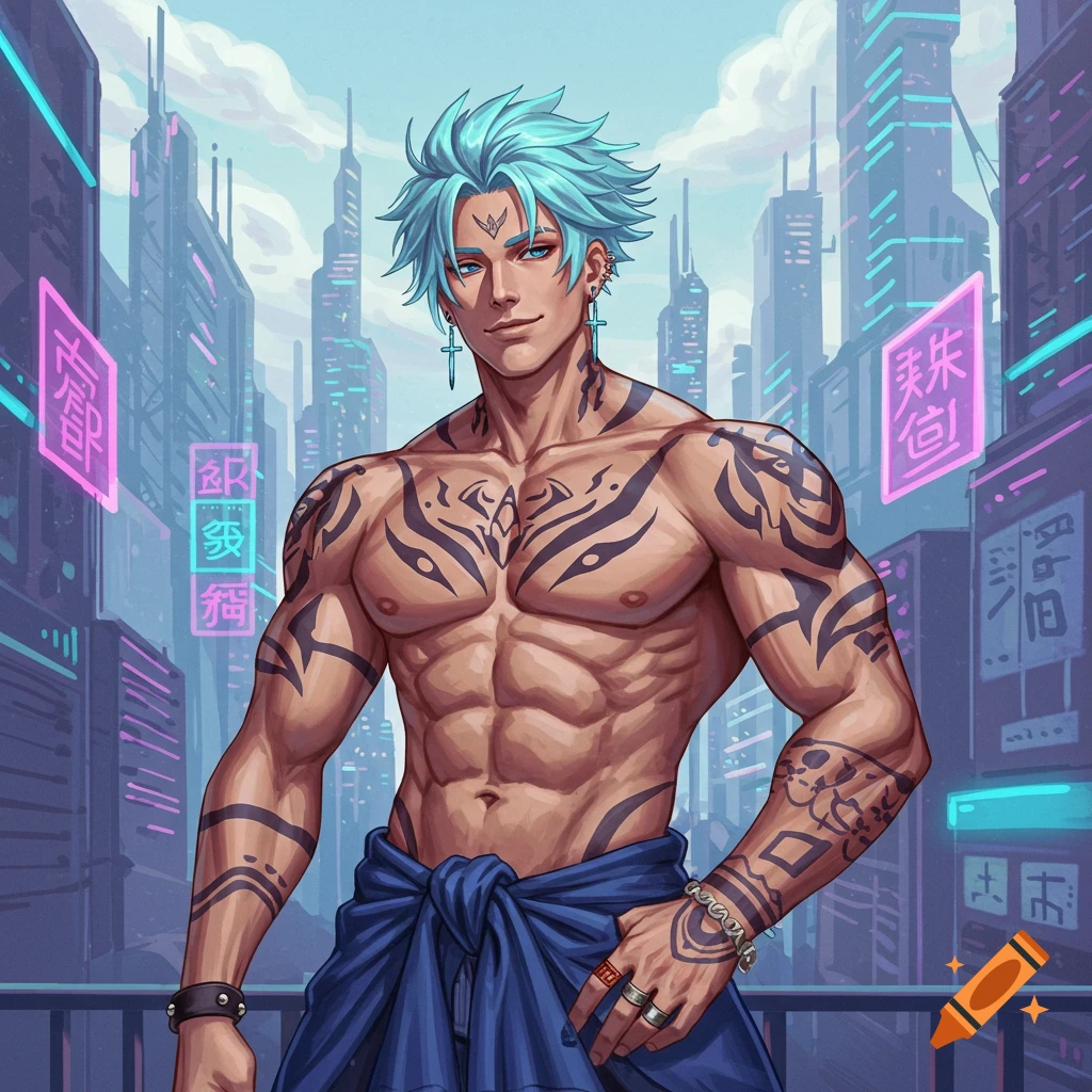 Anime man with blue hair and tattoos in a cyberpunk city