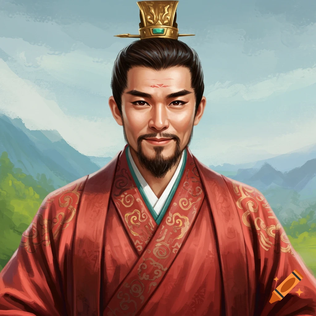 An East Asian historical figure in a red robe and gold headdress against a landscape.