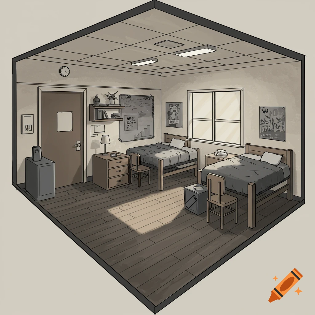 A stylized illustration of a college dorm room in one-point perspective, with two beds, a window, furniture, and posters.