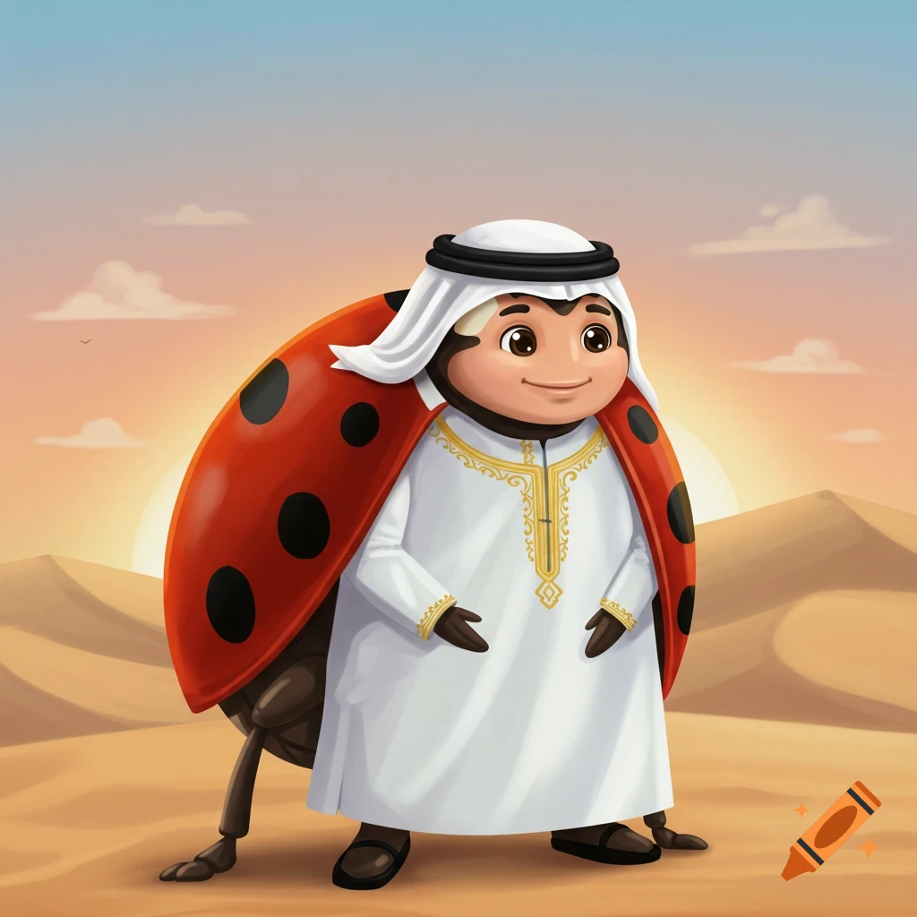 Cartoon bug character wearing Saudi thobe and ghutra in a desert at sunset.