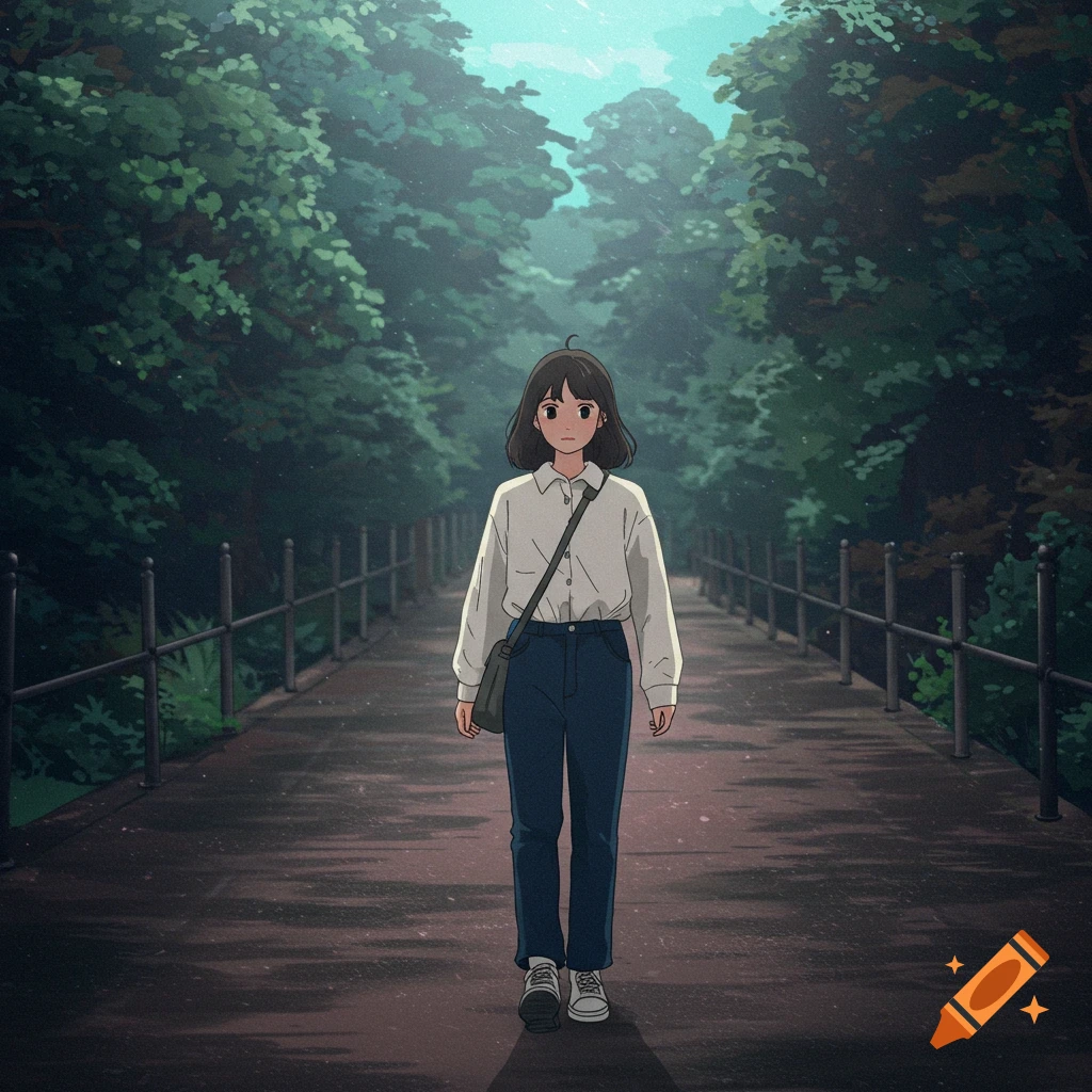 A young woman walks on a tree-lined path in an anime style.