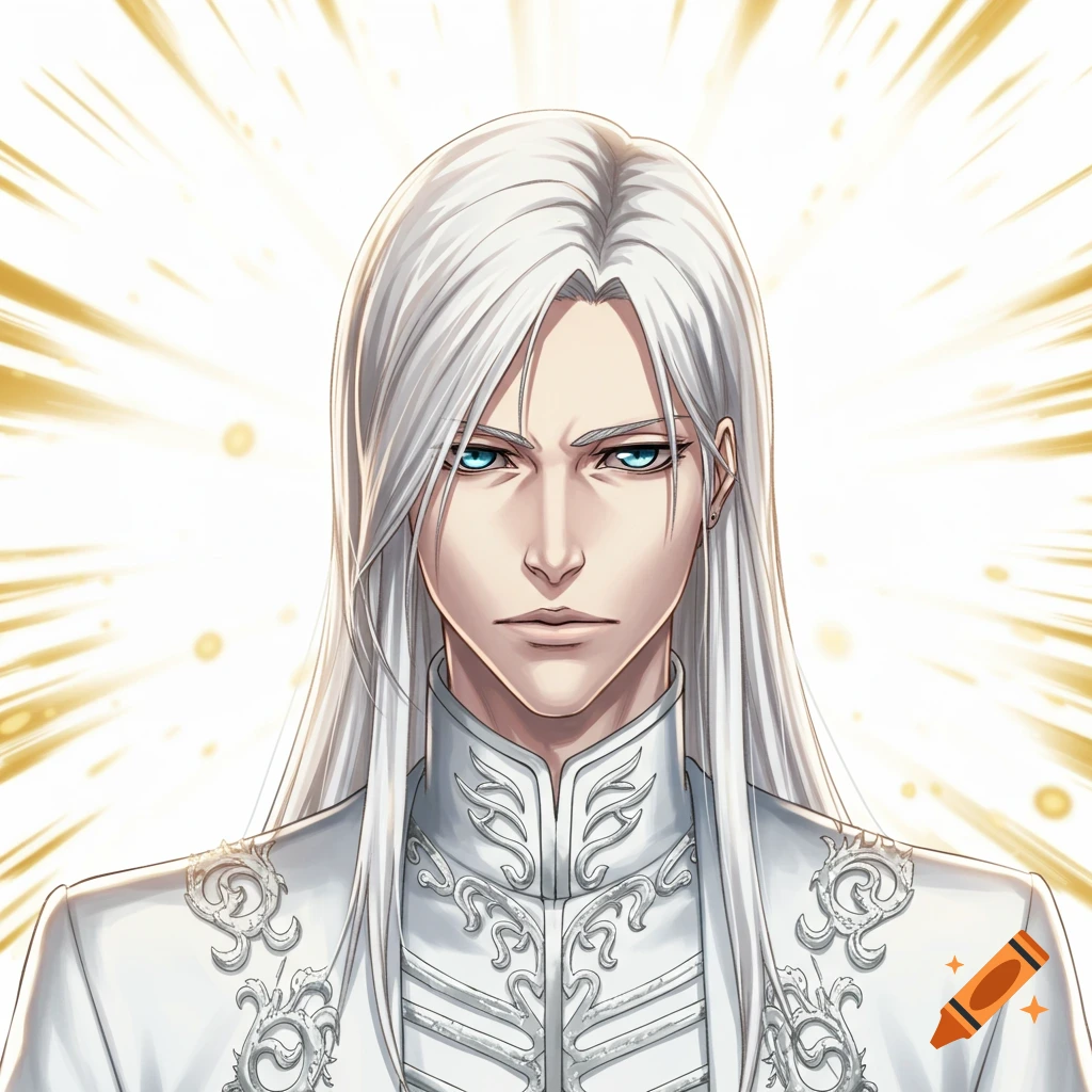 Anime portrait of a man with long white hair and a white ornate coat against a golden background.