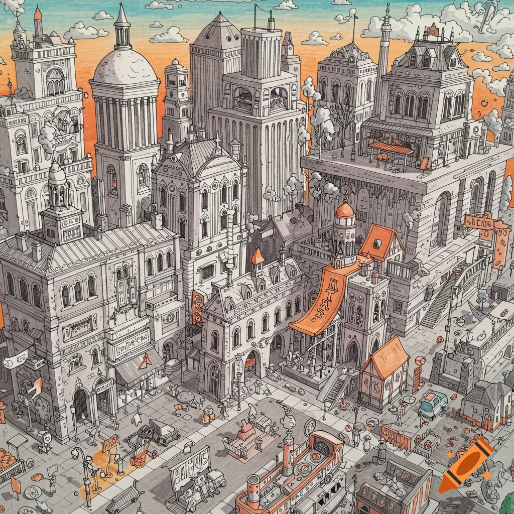 Detailed, stylized drawing of a bustling city with many buildings, streets, and small figures.