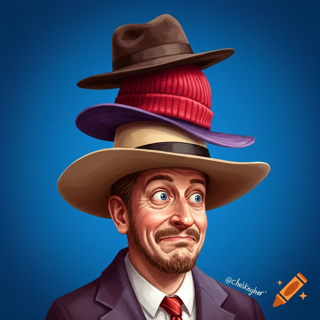 A man with a funny expression balances a tall stack of hats on his head.
