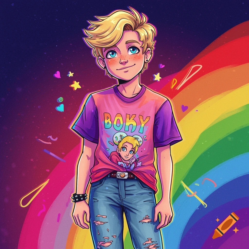 A young boy in a graphic tee and ripped jeans stands against a vibrant rainbow background in a digital art style.
