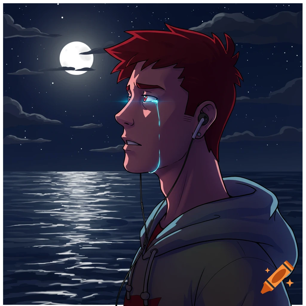 A man with red hair and blue tears cries by the moonlit ocean at night, in a Scott Pilgrim style.