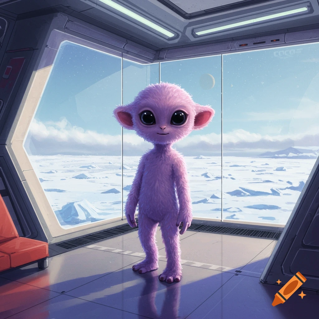 A purple alien stands in a futuristic room overlooking a snowy planet.