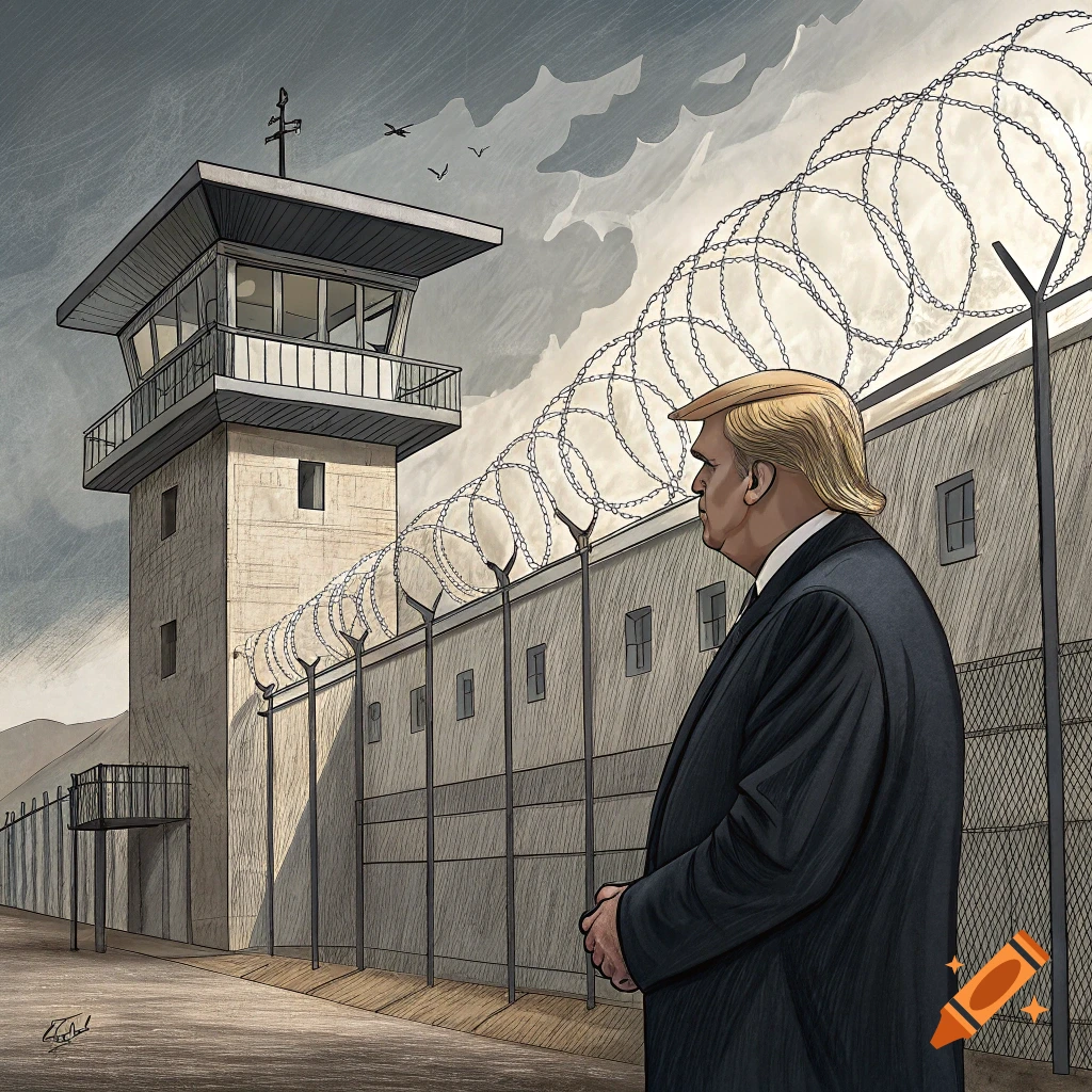 Illustration of a person resembling Donald Trump looking towards a prison wall with barbed wire and a guard tower.