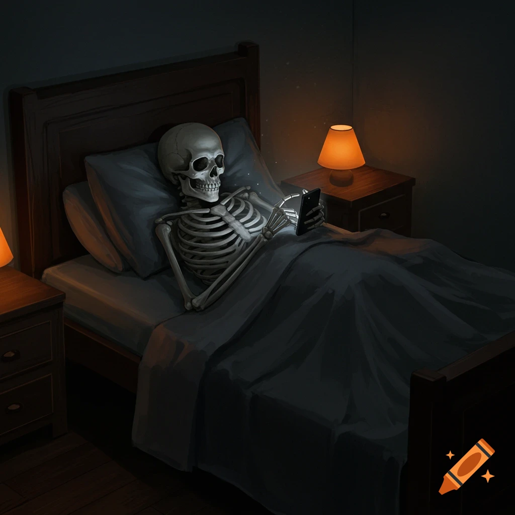 A skeleton lies in bed looking at a glowing phone screen.