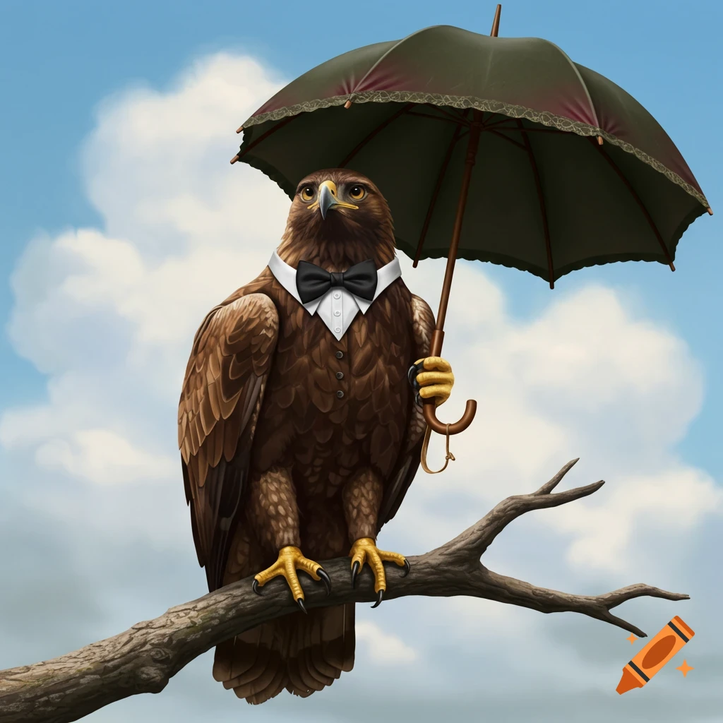 An eagle wearing a suit and bow tie, holding an umbrella while perched on a tree branch.