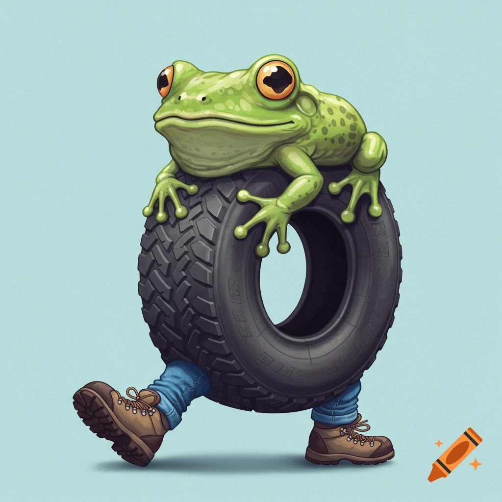 A green frog sits on a walking tire with human legs and boots.