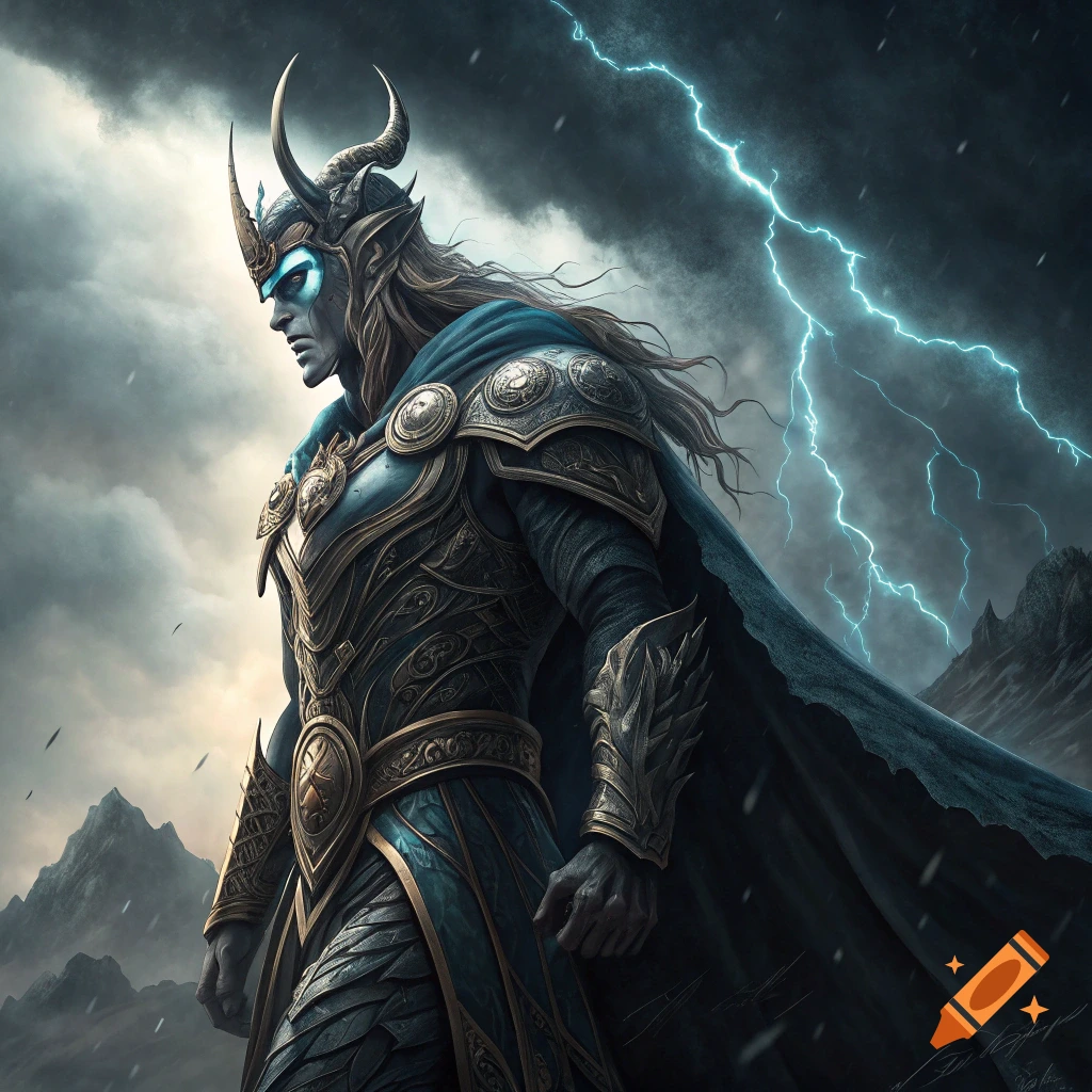 Dramatic depiction of a fantasy figure in ornate armor and cape against a stormy mountain landscape with lightning.