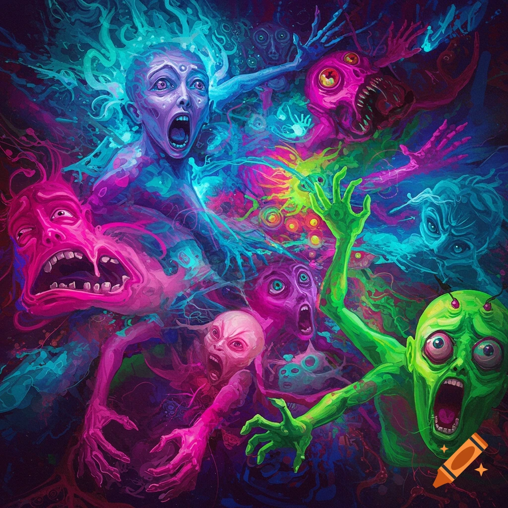 Trippy, scared, brightly colored figures screaming amidst swirling energy