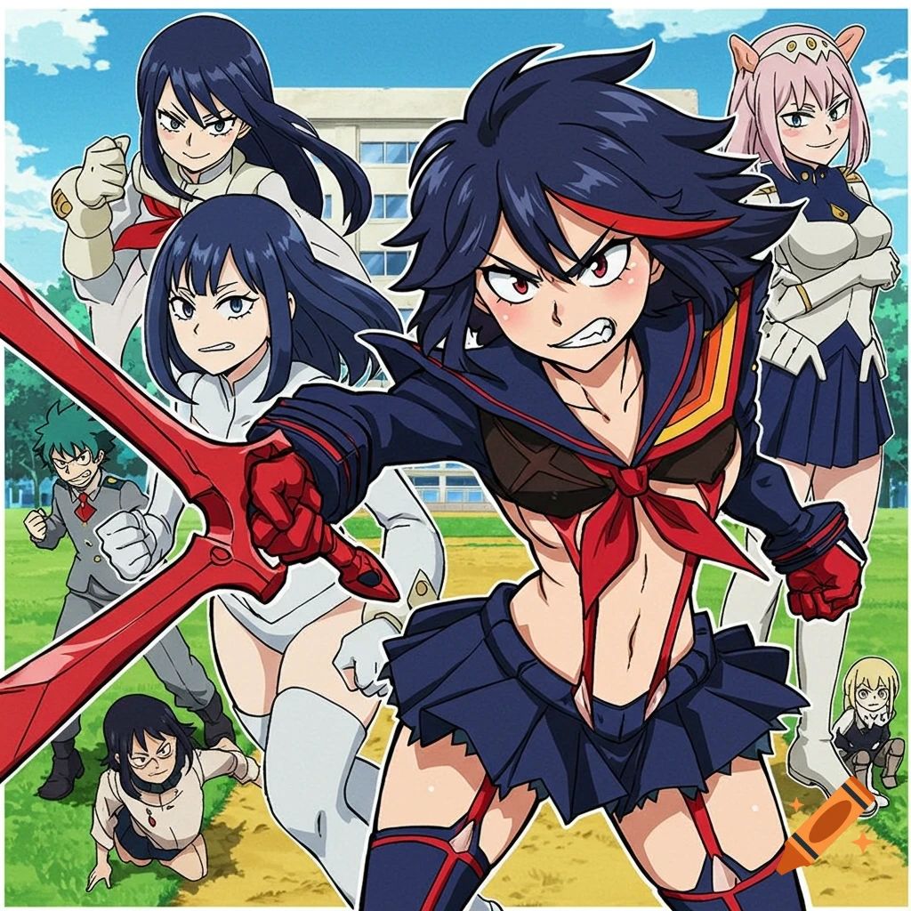 Several anime characters from Kill la Kill and My Hero Academia, including Ryuko with her sword, posing outdoors near a school building.