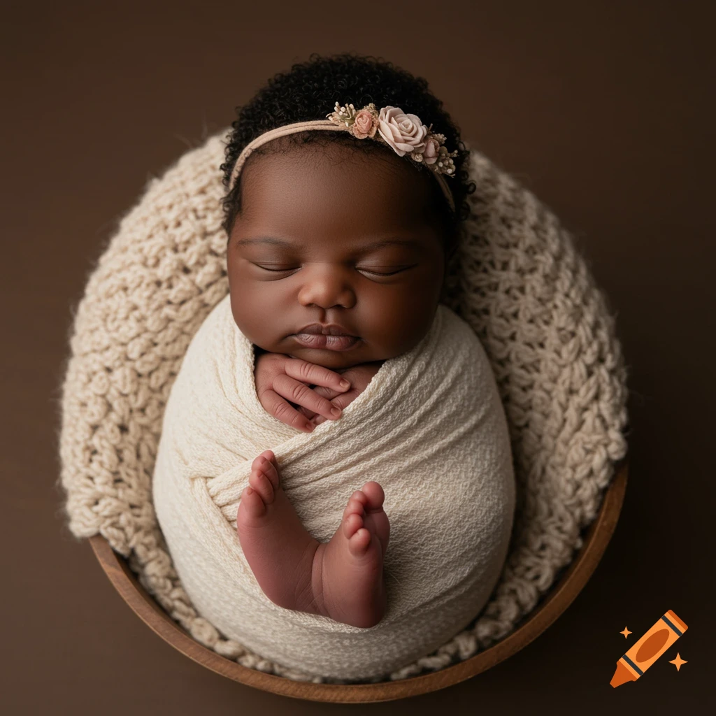 A newborn baby girl swaddled in a white blanket, sleeping in a wooden bowl.