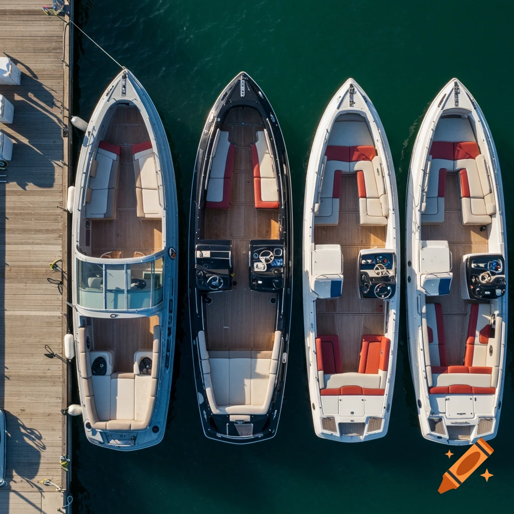 Aerial view of four motor boats with upholstered seating docked side-by-side.