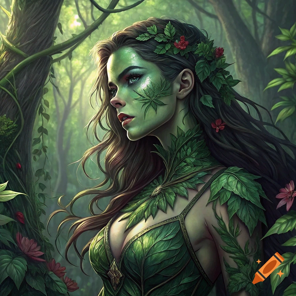 A woman with green skin and leafy attire is in a forest