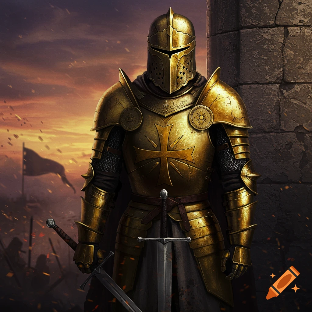 A knight in golden armor stands with a sword against a column during a sunset battle, digital art style.