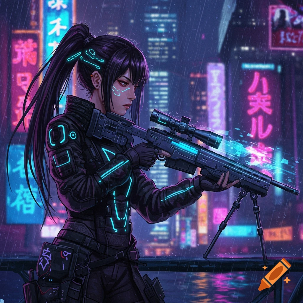 A Japanese girl sniper in a rainy cyberpunk city night scene.