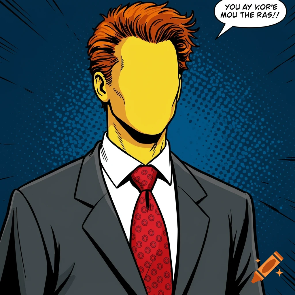 Pop art illustration of a man with yellow skin, orange hair, and no face, wearing a grey suit and red tie.