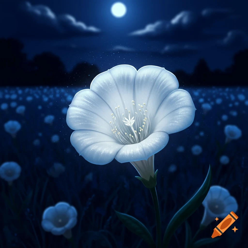 A large white moonflower in a field at night, illuminated by the moon.
