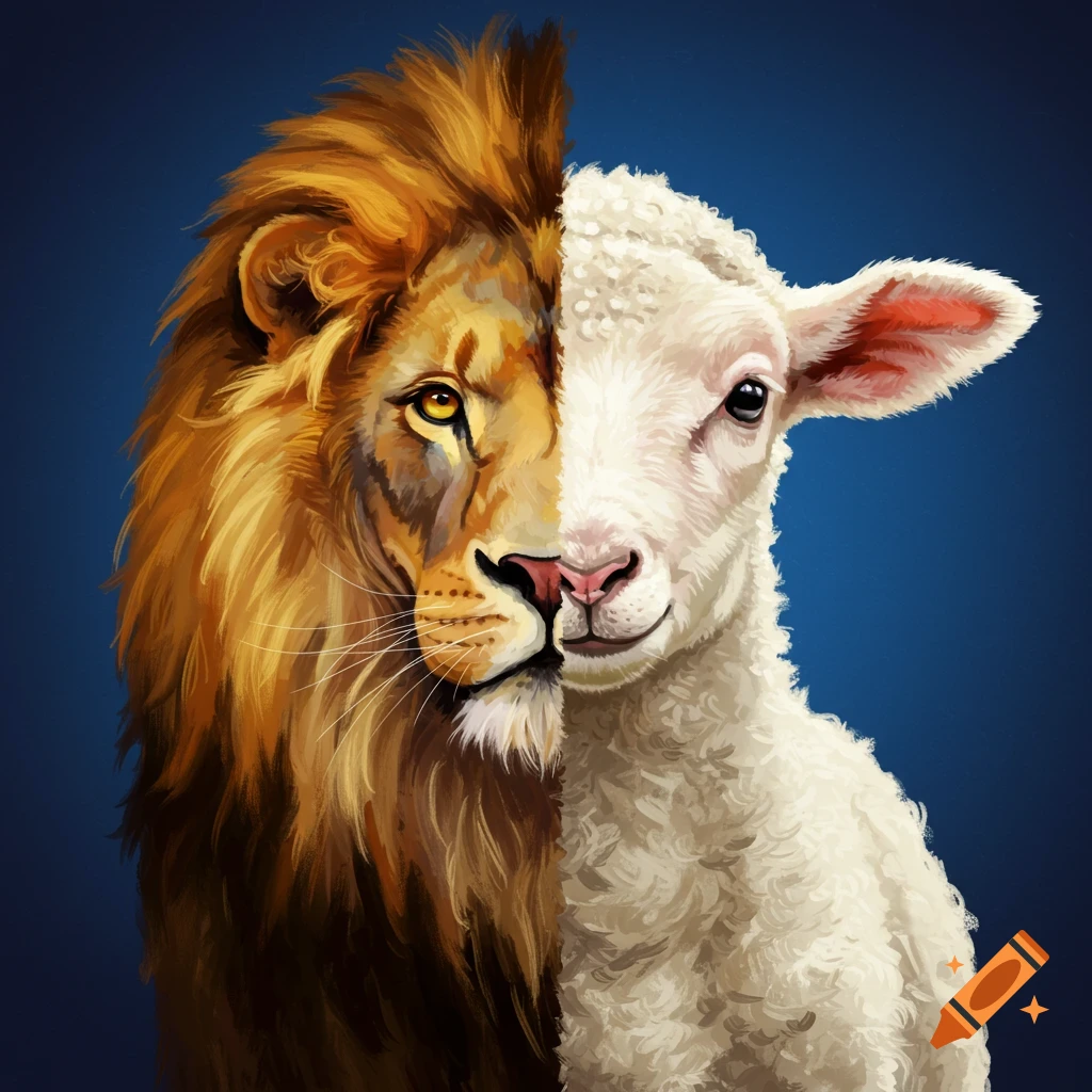 An image split down the middle, showing the face of a lion on the left and the face of a lamb on the right.