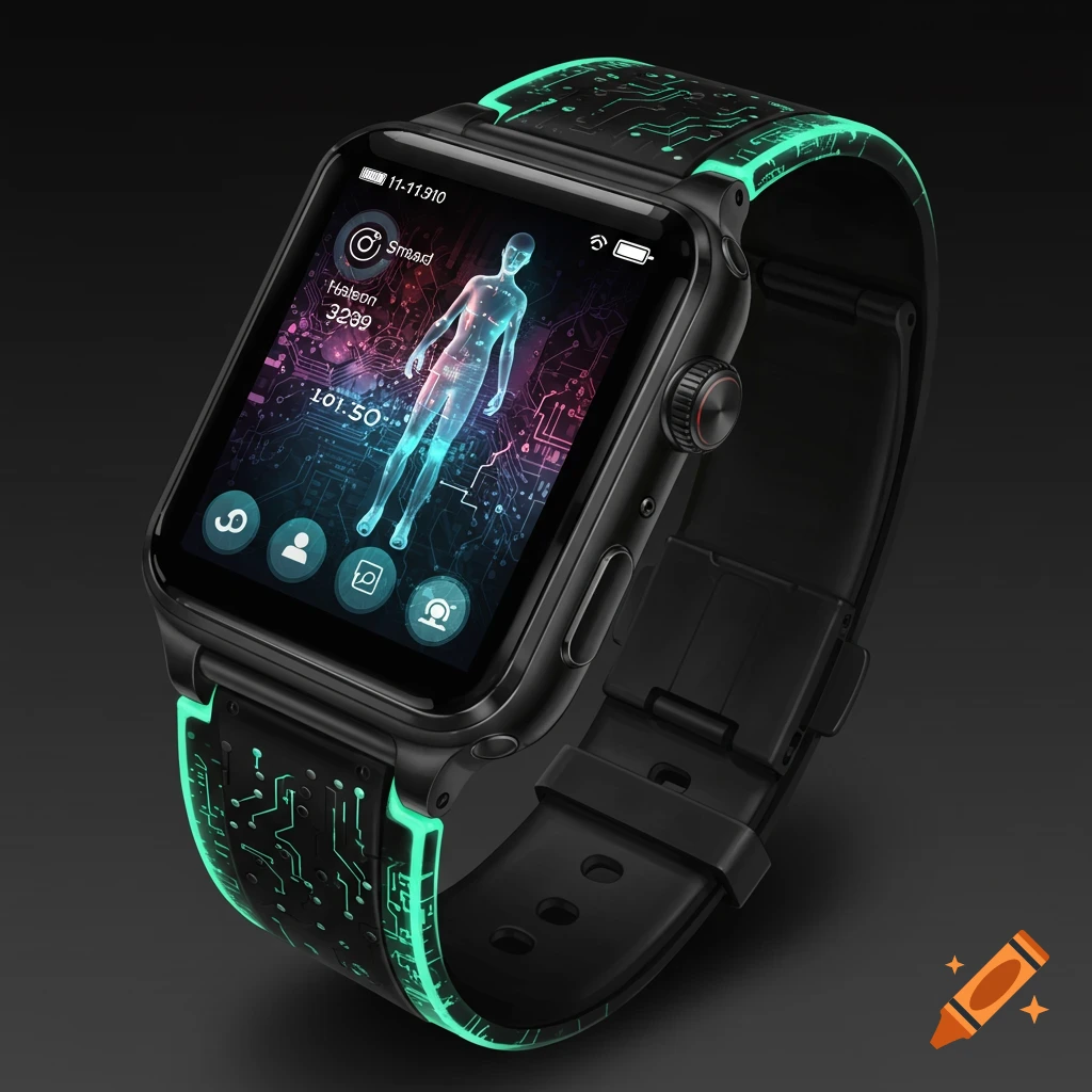 Futuristic smartwatch with glowing circuit band displaying a holographic human figure and data.