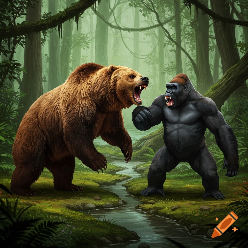 A grizzly bear and a gorilla facing off in a jungle.