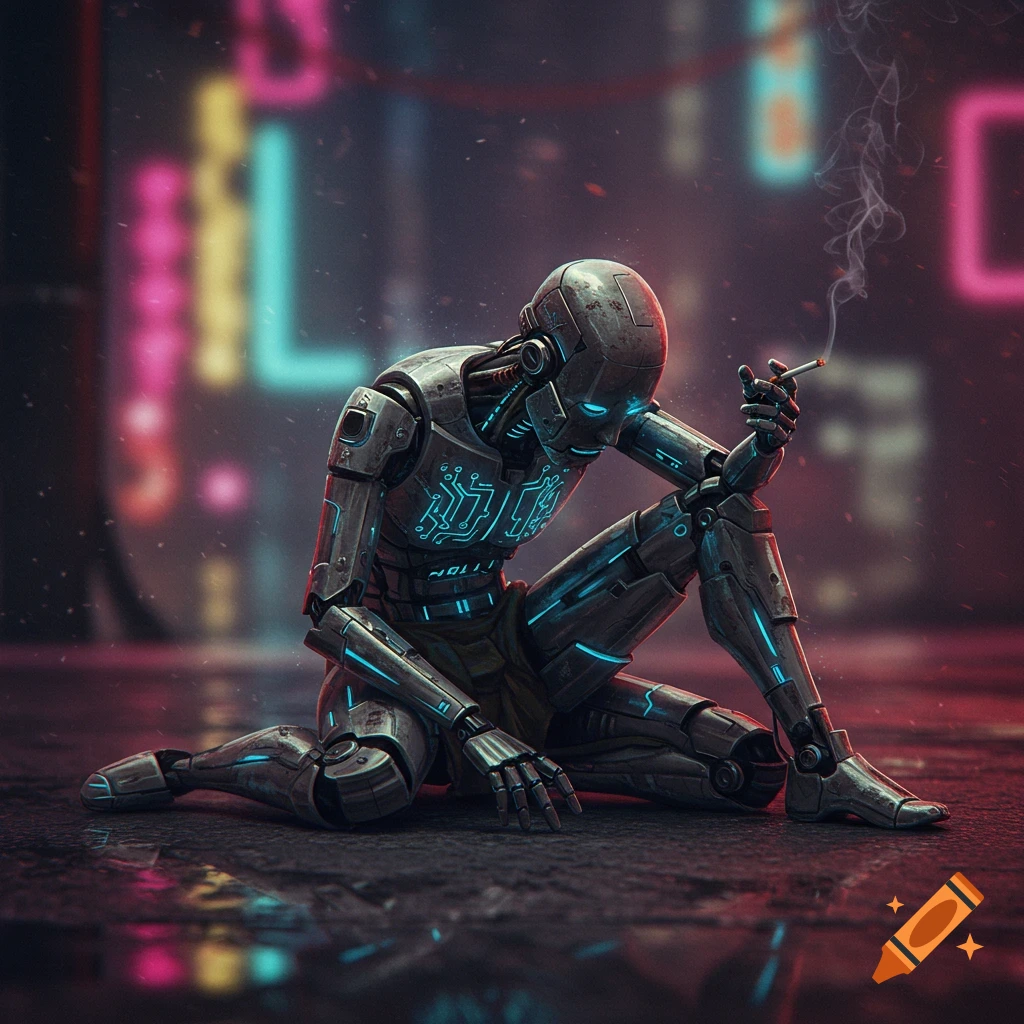 A sad robot sitting on a cyberpunk city street, smoking a cigarette.