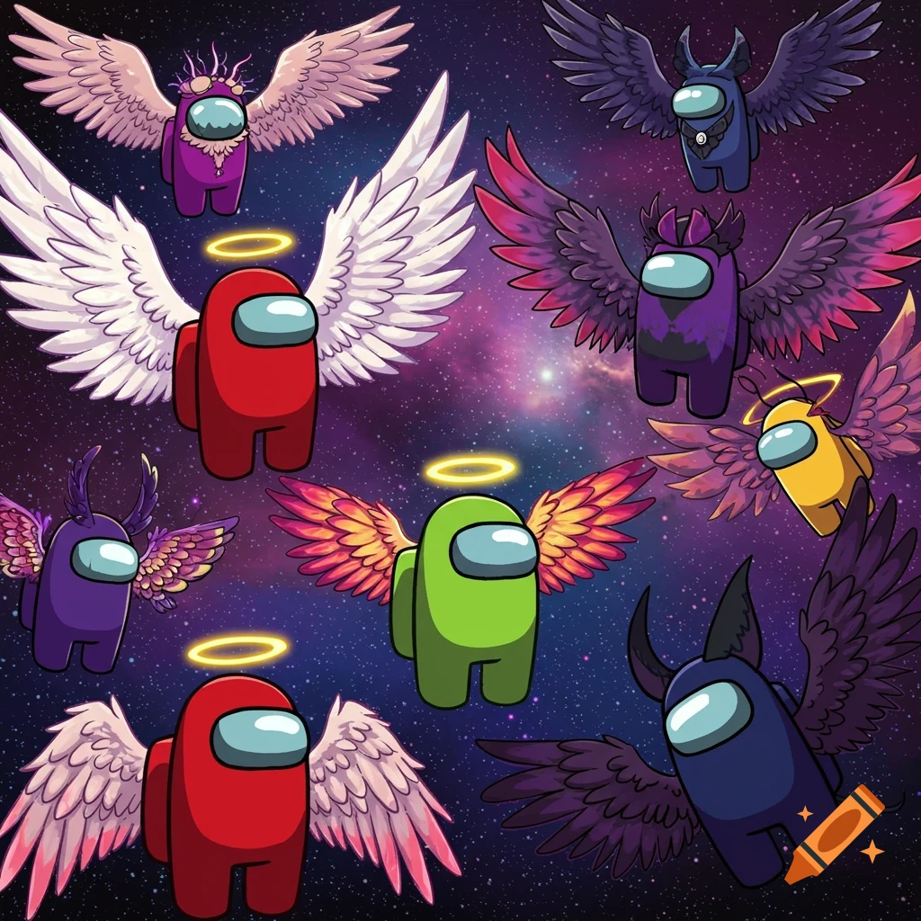 Several colorful Among Us characters with wings and halos float in space.