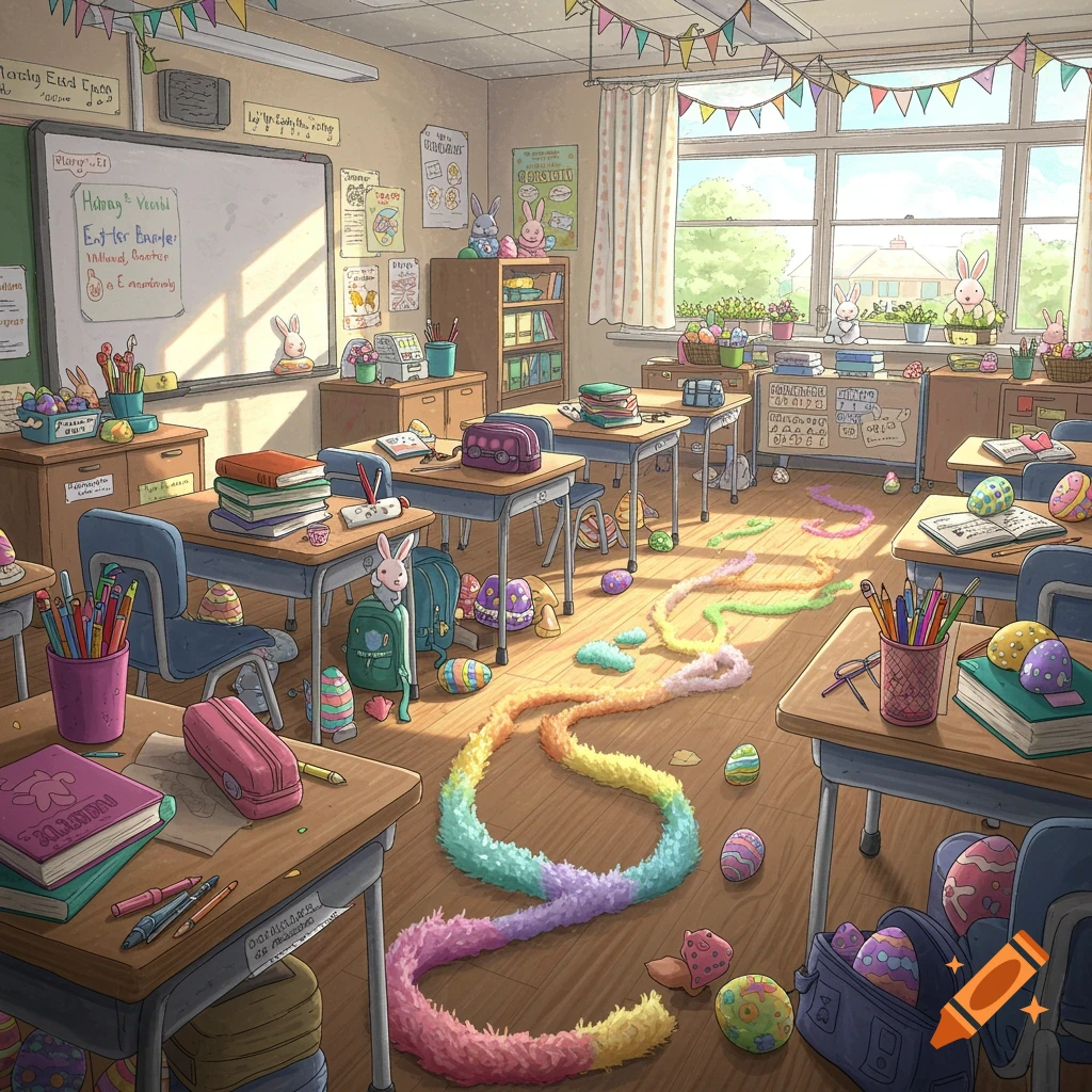 A whimsical classroom scene decorated for Easter with eggs, bunnies, and a trail of colorful fluffy footprints on the floor. Digital art.