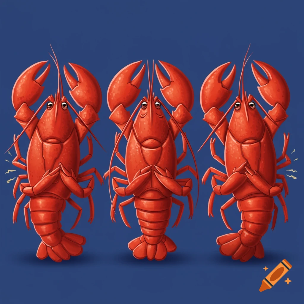 Three cartoon lobsters with clasped claws on a blue background.