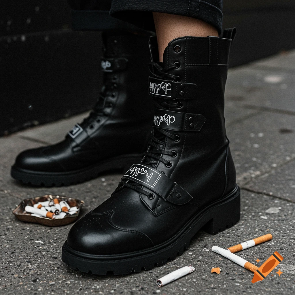 Close-up photo of black combat boots with illegible text straps, next to scattered cigarettes and an ashtray.