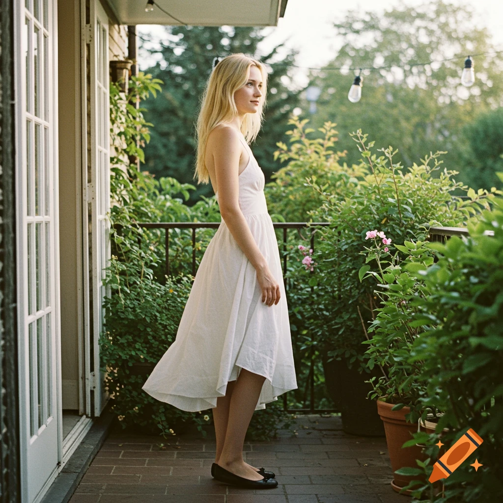 A blonde woman in a white dress stands on a patio surrounded by lush green plants.