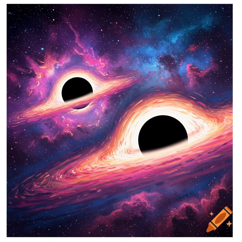 Two black holes with colorful accretion disks in a nebula