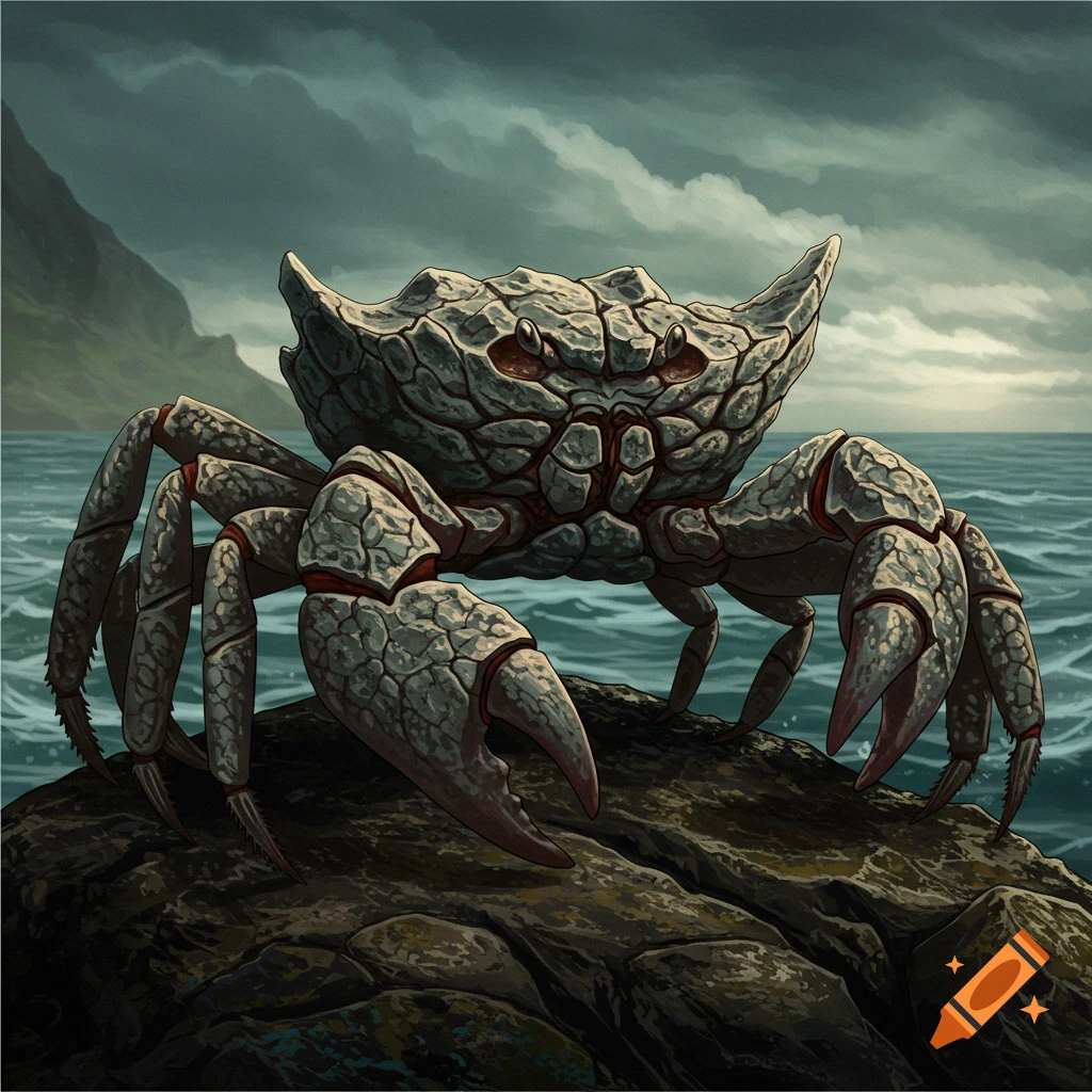 A large, rock-like crab is standing on a rock near the ocean under a stormy sky.