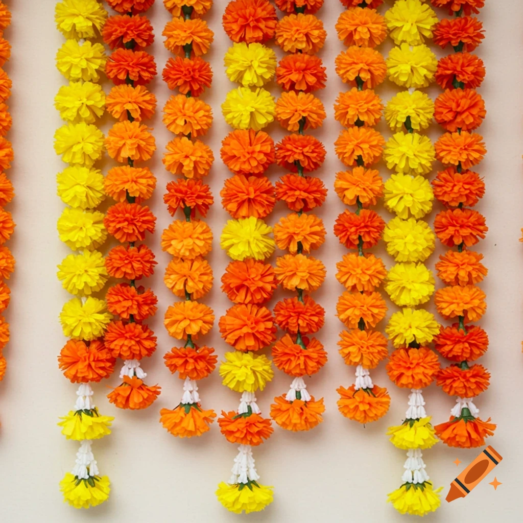 Bright orange and yellow faux marigold garlands hanging on a wall.