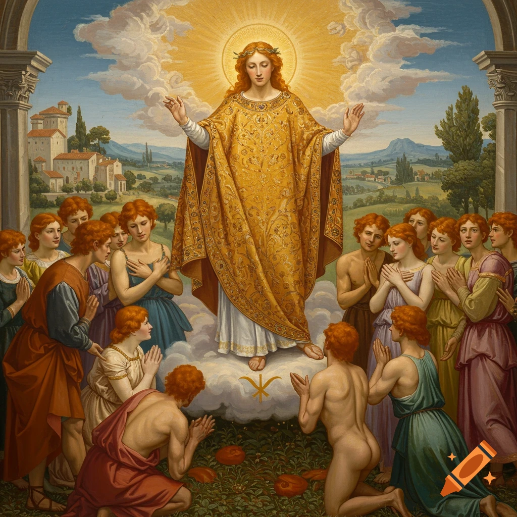 Renaissance painting of a glowing figure on a cloud blessing red-haired people kneeling around them in a landscape.